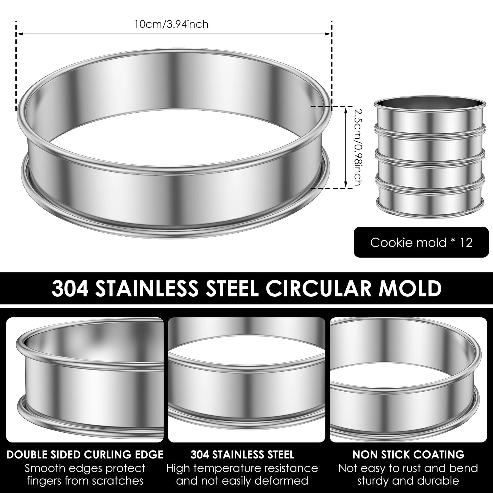 12Pcs English Muffin Rings Stainless Steel Crumpet Rings Nonstick Tart Rings Double Rolled Muffin Tart Rings Crumpet Ring Mold