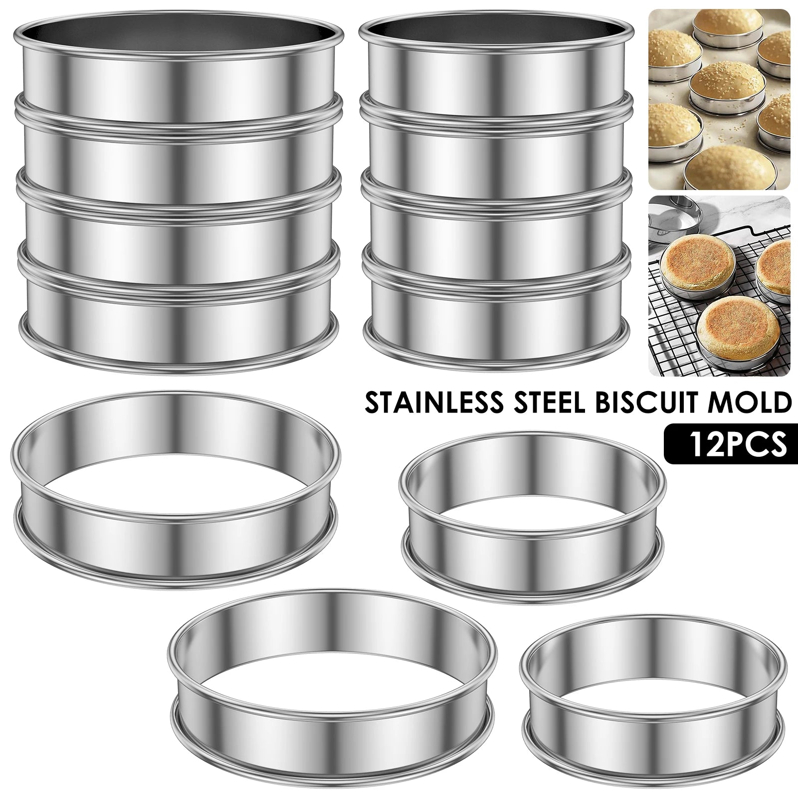 12Pcs English Muffin Rings Stainless Steel Crumpet Rings Nonstick Tart Rings Double Rolled Muffin Tart Rings Crumpet Ring Mold