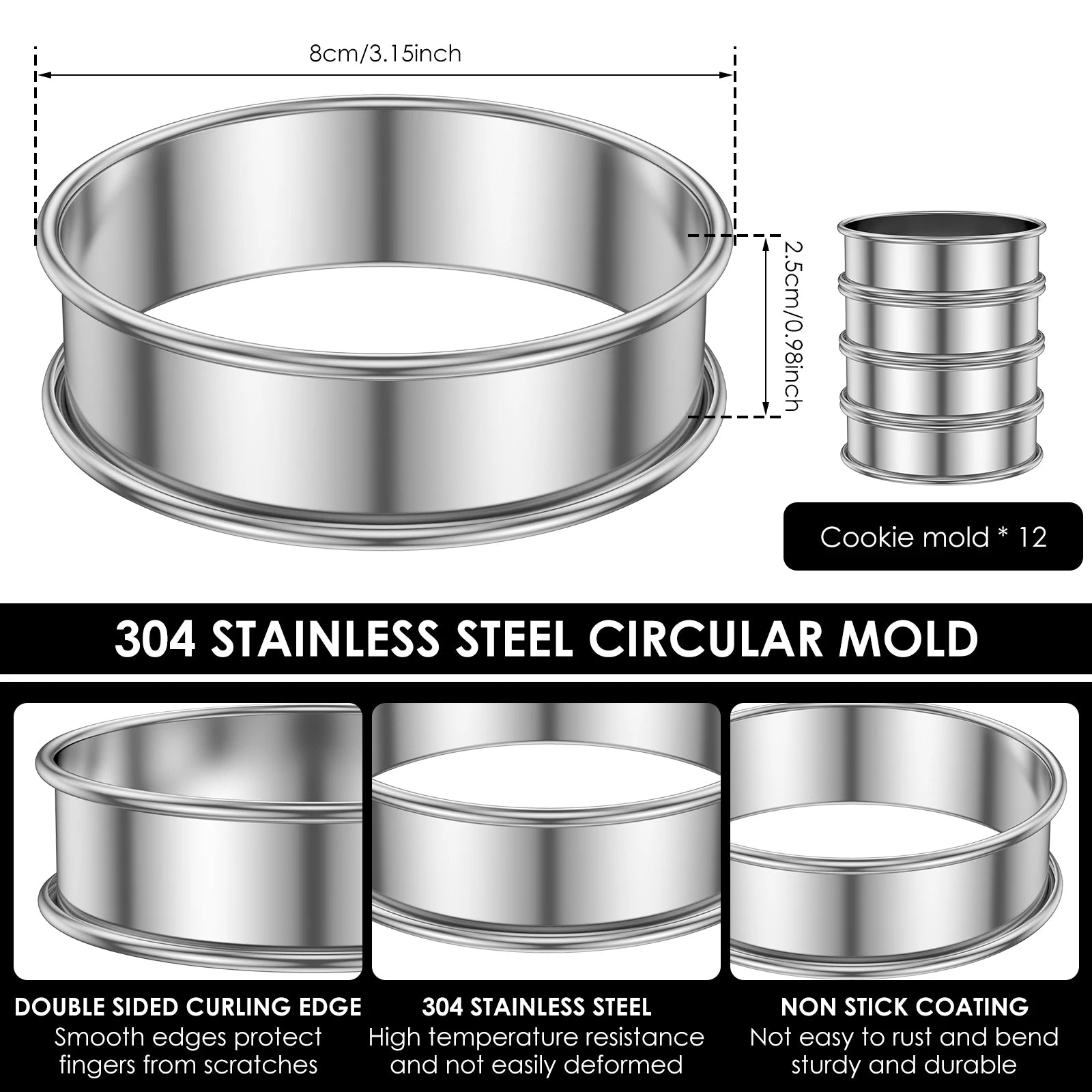 12Pcs English Muffin Rings Stainless Steel Crumpet Rings Nonstick Tart Rings Double Rolled Muffin Tart Rings Crumpet Ring Mold