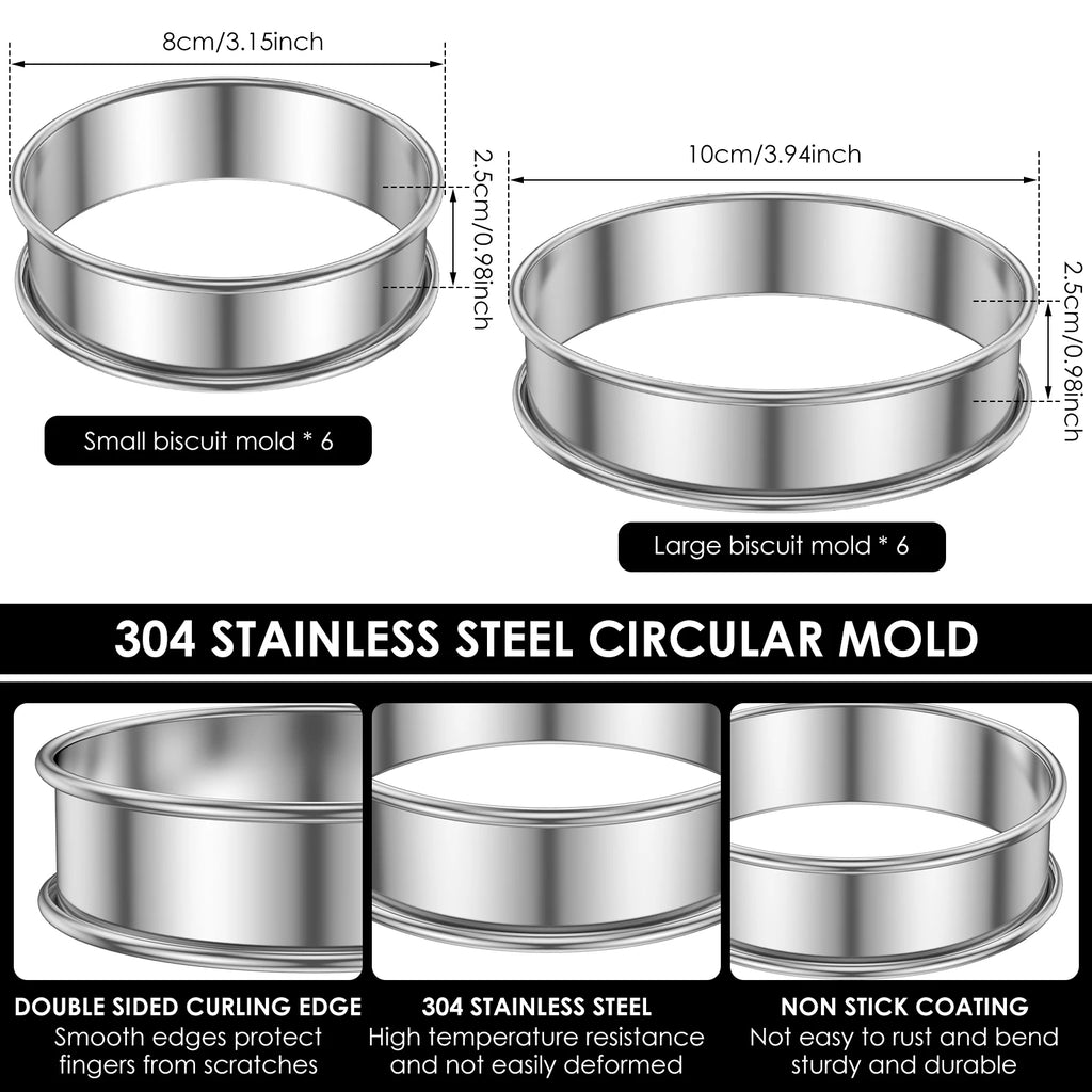 12Pcs English Muffin Rings Stainless Steel Crumpet Rings Nonstick Tart Rings Double Rolled Muffin Tart Rings Crumpet Ring Mold